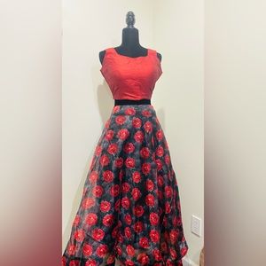 Red blouse with Red Rose flower Organza lengha